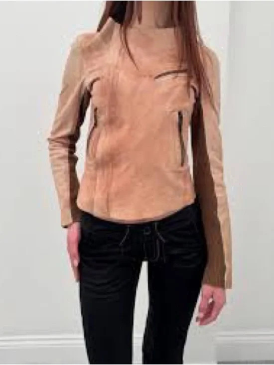Zara Beige Soft Leather Moto Jacket w/Brown Ribbed Sleeves - Size M (runs small) - Picture 6 of 6